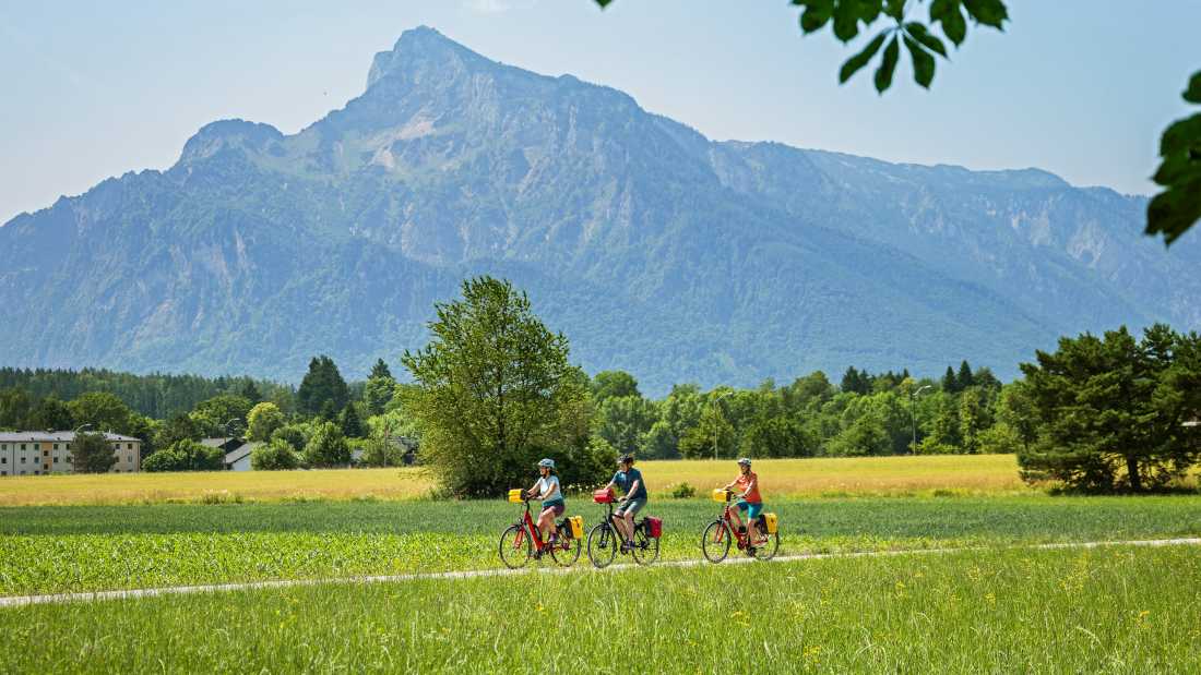 Cyclists on the Alpe Adria with the Untersberg as a backdrop