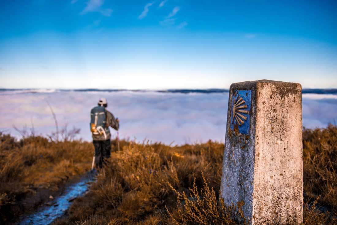 Walking the Camino trail on a foggy morning