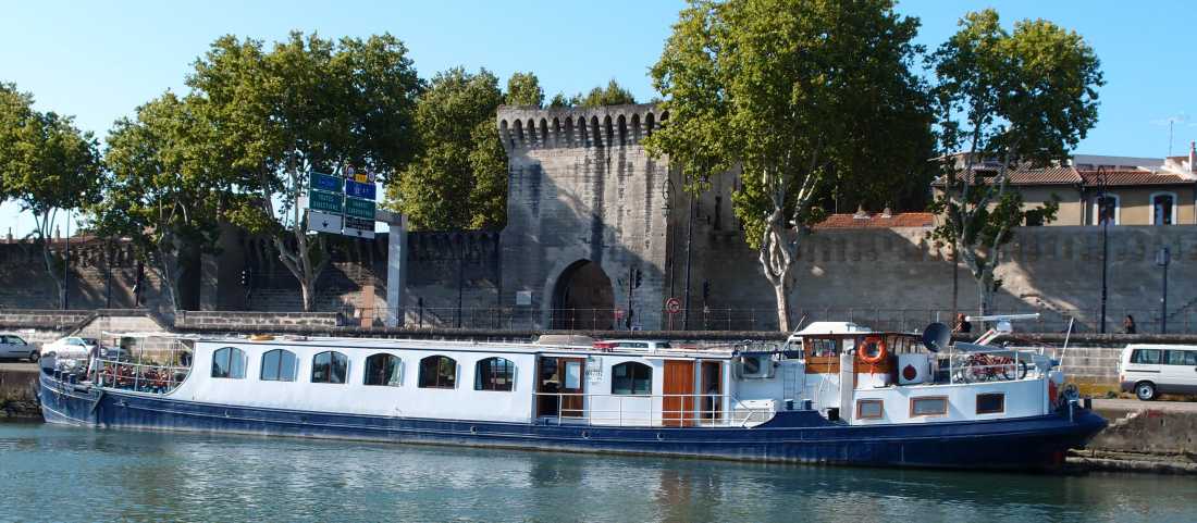 The L'Estello barge docked in Provence, France