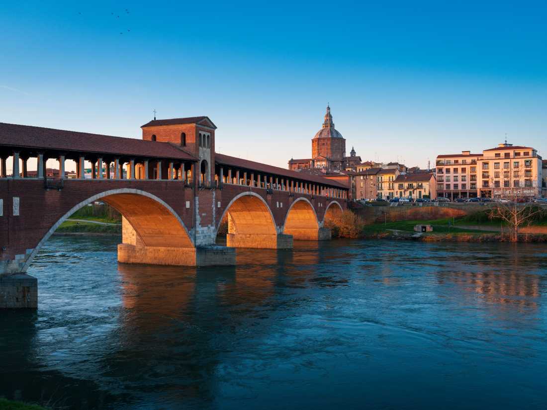 The iconic covered bridge in Pavia, Italy