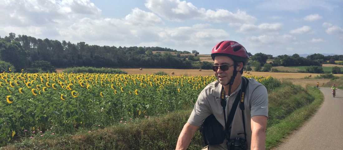 Cyclist passing sunflowers on a rural road on a self guided cycle trip in Catalonia |  Kate Baker