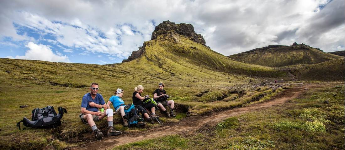 Hikers taking a break on a walking trip in Iceland
